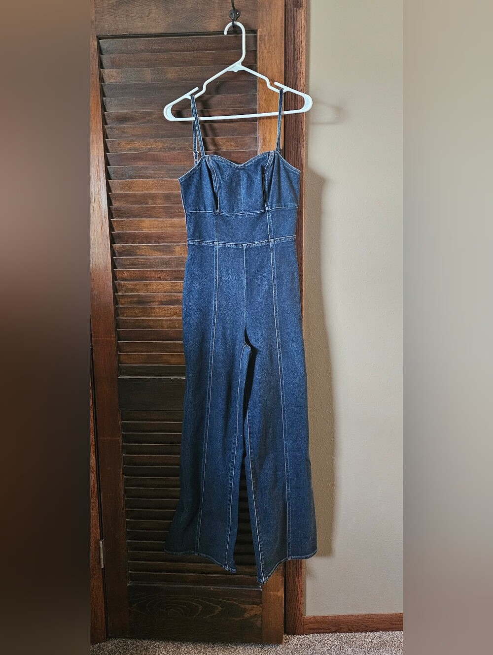 Express Dark Blue Denim Wide-Leg Jumpsuit with Strappy Bust